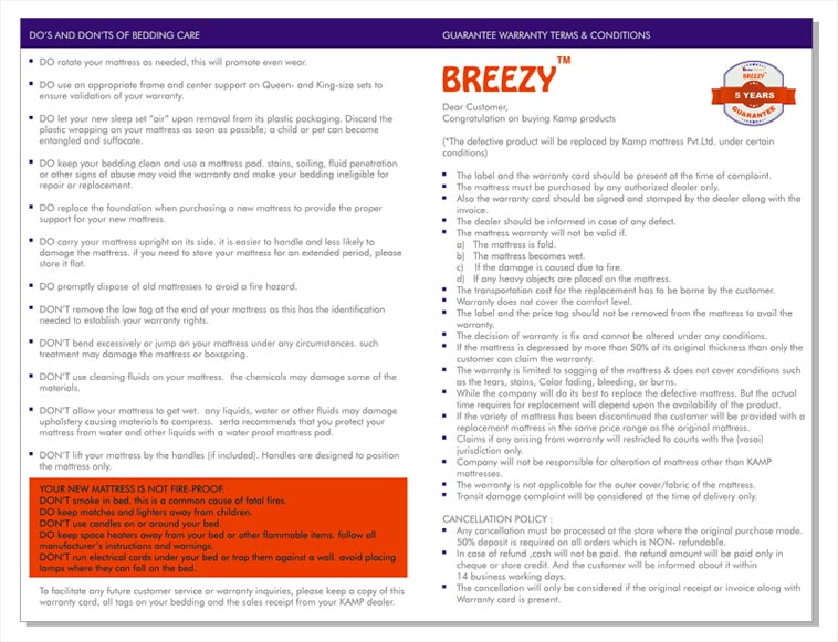 Kamp Matressess Warantee Card Inside